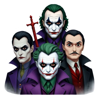 Thriller Movie Icon: A dark, intense collage with close-up images of iconic thriller characters like Joker, Hannibal Lecter, and Vlad Dracula. The background features a moody Gotham City skyline, with shadowy figures and fog. Atmospheric, suspenseful tone. Transparent background. sticker