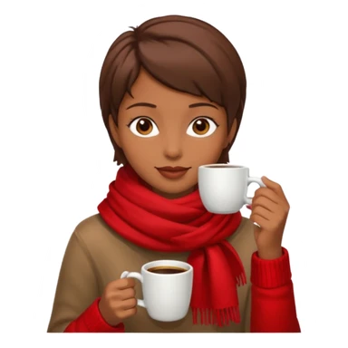 a girl with brown short hair, having red scarf, drink coffee, enjoy sticker
