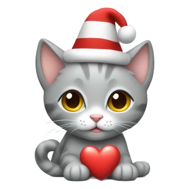 gray kitten holding a heart in a New Year's hat sticker
