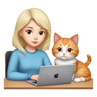 A girl is working on a laptop with a cat lying next to it sticker