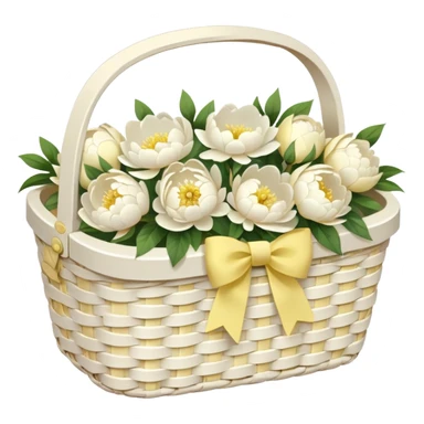 White Picnic basket with pastel yellow bow and white peonies inside sticker