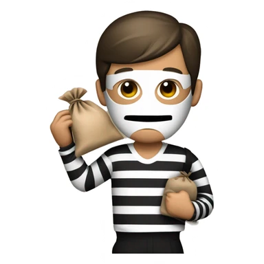 Bank robber wearing black and white striped shirt black eye face mask and holding a brown sack over the shoulder that has the dollar symbol sticker