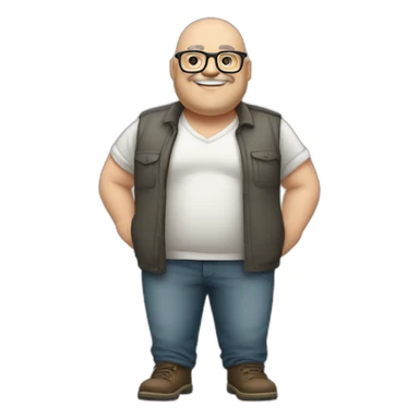 crossed arms full body smiling chubby white man bald head graybeard glasses sticker