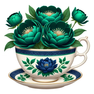 A charming composition of a vintage teacup with an intricate emerald green design, placed beside a bouquet of navy blue peonies. sticker