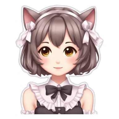 Gorgeous anime style catgirl with blushing face with maid outfit bow tie idol model kawaiicore pearly petite simplistic aesthetic trending style sticker