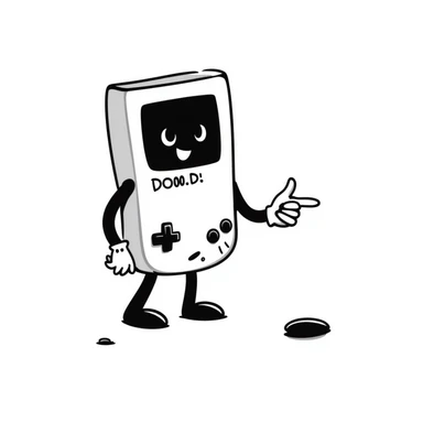 1930s style cartoon gameboy console character, cuphead-style, in black and white, on a plain white background, pointing at something.

 sticker