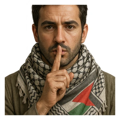 a person making a 'shh' gesture with a finger on their lips, wearing a Palestinian kufiya scarf, with the Palestinian flag subtly incorporated into the design, detailed, realistic, subtle colors sticker