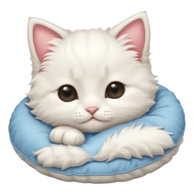 Stitch white fluffy kitten snuggling a pillow, cheeks rosy, eyes closed in > < shape sticker