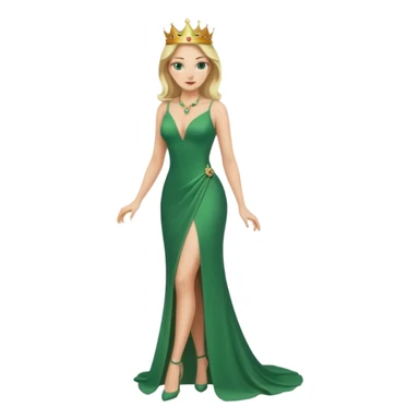 Queen, crown, blonde hair, green eyes, long green tight dress, decoltee,  Leg slit, whole Body, sticker