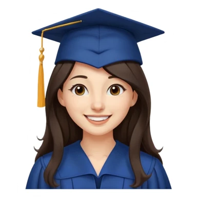 带着学士帽的，深棕色长发，黄种偏白皮肤的，高鼻梁，不戴眼镜的女博士生，在单只眼眨眼并开朗的笑，年龄26岁，学士服全身深蓝色但是黑领子， sticker