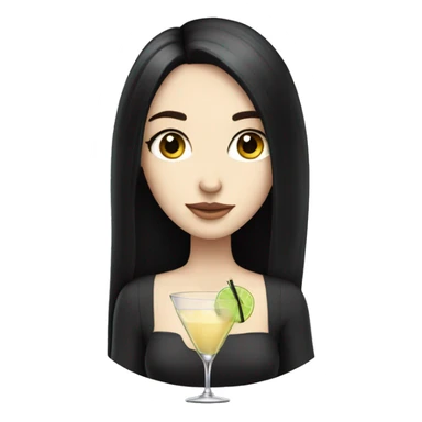 Pale girl with long black hair with chest holding cocktail sticker
