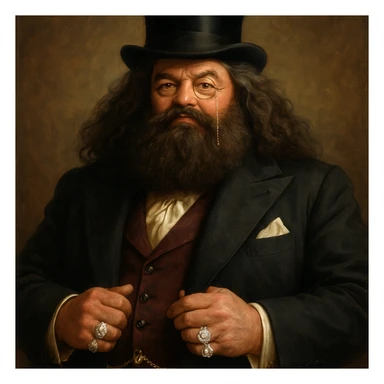 Hagrid dressed in a fancy suit with a top hat, monocle, and diamond rings, exuding wealth and confidence, detailed, elegant style sticker