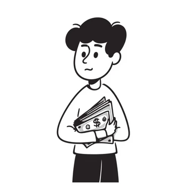 dark brown haired guy with a round face, disappointed expression, holding cash sticker