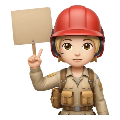 Create a cute emoji-style PUBG Mobile character, chibi version with helmet and backpack, standing in victory pose, holding a blank white sign or paper sheet in both hands in front of chest, ready for text, clean white background, simple emoji design” sticker