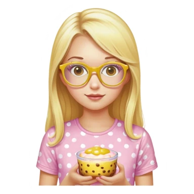 a girl with long lashes, long blonde hair, light pink glasses, wearing yellow polka dot t-shirt, holding a pudding sticker