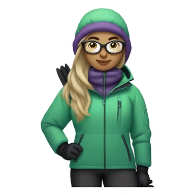 chubby female skier with long straight hair, green eyes, glasses, grey purple snow jacket, long black pants, black only snow boots and black skis looking cool. sticker