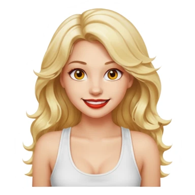 a woman with white tank top and smile, her hair is long wavy blonde hair, her face is baddie girl style, her eyes color are yellow and the color of her lip is soft red sticker