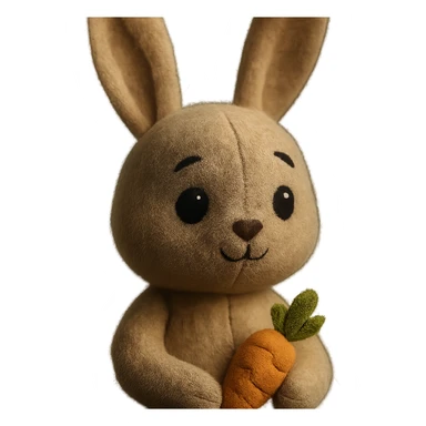 a bunny plush portrait, long ears, big eyes, soft fur, holding a tiny carrot sticker