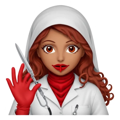 Lilith scalpel in hand, evil surgeon sexy surgeon clothes.  She has red eyes. She brown long curly hair. Wears sexy doctor outfit with red gloves.hair is free and brown  Wears red burka to hide her mouth and nose sticker