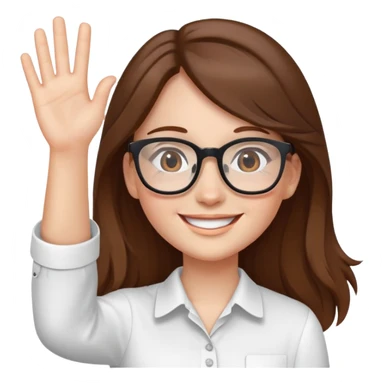 waving girl with glasses, long brown hair, wearing a white shirt sticker