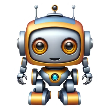 A toy robot with big eyes and a happy expression sticker