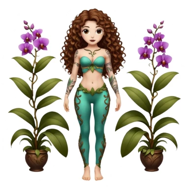 full body woman long curly brown hair brown eyes white skin tattoos muscular build orchid fairy bodice and vine leggings sticker