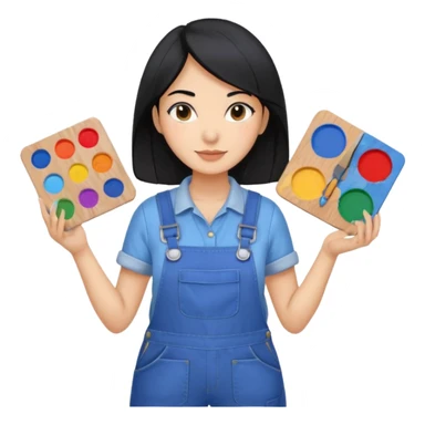 Créame emoji de una mujer que sea diseñadora industrial, pelo negra, piel morena, femenina con overol y una paleta de colores o herramientas de taller  sticker