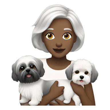 White women with short grey hair holding two dogs one black shih tzu and one white bichon frise sticker