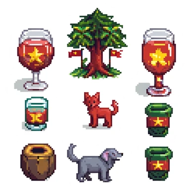 cat, dog, wolf, Vietnam flag, tree, elephant, and a glass all together in pixel art style sticker