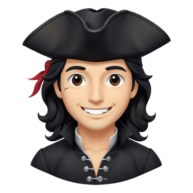A charismatic pirate with wavy black hair, wearing a black tricorn hat and a sleek black coat with silver buttons, smiling confidently. sticker