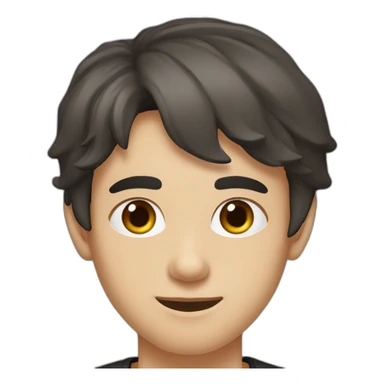 portrait of 18 years old guy, dark brown hair bangs to the left, gray eyes, black T-shirt sticker