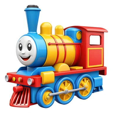 A colorful toy train engine with a big happy smiling face on the front sticker