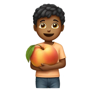 boy holding a peach sticker