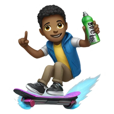Boy riding a hoverboard, holding a spray can sticker
