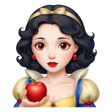 Cinematic Elegant Snow White Portrait Emoji, Delicately holding a red apple, eyes glimmering with mystery, soft curls perfectly placed, her royal presence glowing with a warm, enchanting charm! sticker