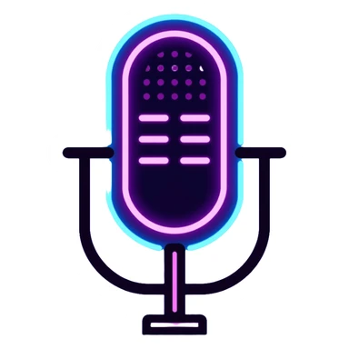 desktop studio microphone with neon glow effect, blue and purple neon glow on top left, pink neon glow on bottom right sticker