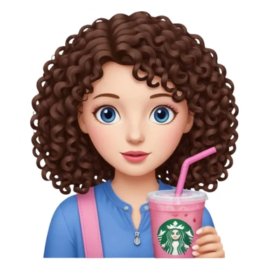 make an emoji of a curly brunette blue eye girl wearing light pink drinking a strawberry acai refresher from starbucks sticker