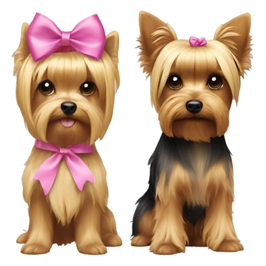 A yorkie with pink ribbon on her head, and a blonde haired girl  sticker