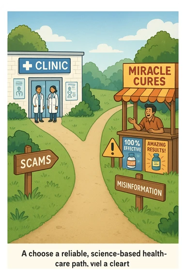 two paths diverge—one leads to a trustworthy clinic with doctors and scientific posters, the other to a shady stand selling “miracle” medicines with exaggerated claims. Signs along the second path warn of scams and misinformation. The scene encourages viewers to choose reliable, science-based healthcare. sticker