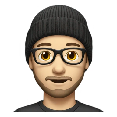 young dark-haired white man with a beanie, glasses and beard sticker