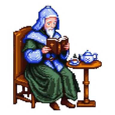 Chaucer reading and sipping tea, simple background, pixel art style sticker