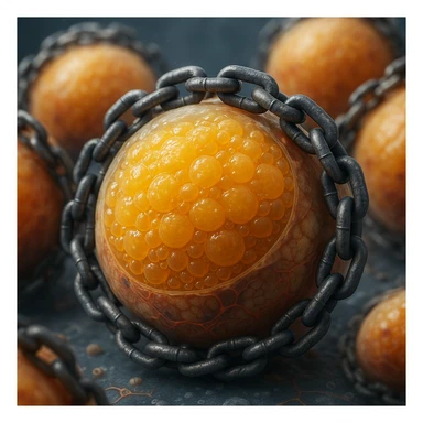 hyper realistic 4K adipocytes accumulating fat, blocked by chains, cellular details, scientific atmosphere sticker