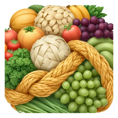 Close-up of a bundle of fiber strands intertwined with small vegetable, fruit, and grain icons, showing microscopic view of dietary fiber structure sticker