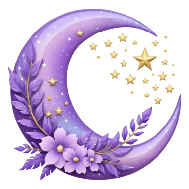 Beautiful sparkly glittery shiny pretty floating pastel lilac lavender Violet crescent-moon and flowers and leaves and feathers and sparkles and stars aesthetic deco sticker