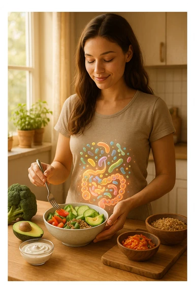 A realistic, warm-toned image of a young woman in a bright, cozy kitchen preparing a healthy meal rich in fiber and probiotics. She smiles softly, focused and calm, as she adds fresh vegetables, fermented foods like yogurt or kimchi, and whole grains to a bowl. Around her abdomen, a subtle, glowing overlay of balanced gut flora—colorful, friendly bacteria and microbes—swirls gently, symbolizing intestinal health and harmony. The setting is natural and inviting, with sunlight streaming through the window, potted herbs on the counter, and clean wooden surfaces. The overall mood conveys wellness, self-care, and the positive journey toward gut balance sticker