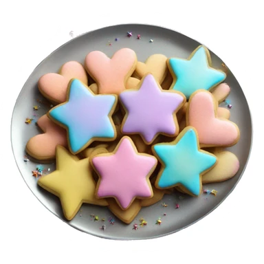 Realistic both star shaped cookies and heart shaped cookies together with pastel ombre icing and sprinkles piled up on a metallic silver plate. sticker