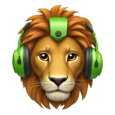 Head of a Lion wearing safety helmet with head phone looking front right in green and orange themefront  sticker