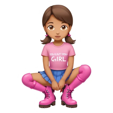  top and skirt with pink inscription “girl”  squatting in pink boots sticker