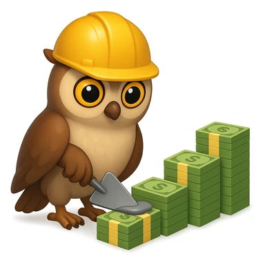 В стилистике эмоджи сгенерируй сову, она в строительно шлеме сосредоточено мастерком для цемента выкладывает пачки долларов по переднему плану будто они кирпичи, пачки идут в возрастающем порядке, картинка символизирует "управляемый рост выручки", прозрачный фон sticker