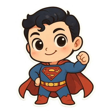 Superman character, big round eyes, playful look, cute, whimsical sticker